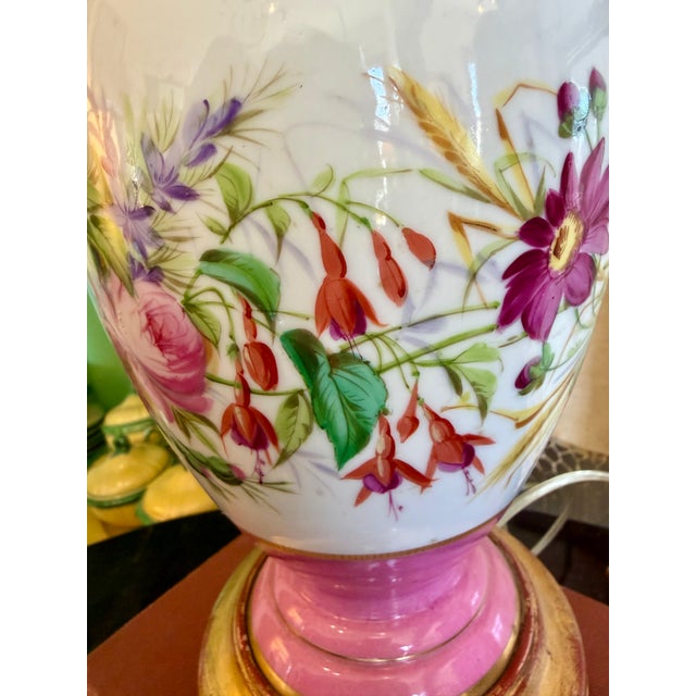 Metal Antique French Pink Opaline Floral Lamp For Sale - Image 7 of 18