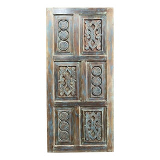 Vintage Lotus Carved Wood Door | Distressed Blue Sliding Barn Door 80x36 For Sale