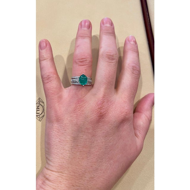 2 Carat Zambian Emerald Cabochon & Diamond Cocktail Ring 14 Kt Gold with Band For Sale - Image 11 of 18