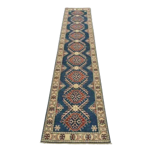 Kazak Runner 2’8” X 11’3” Blue Wool Tribal Hand-Knotted Oriental Rug