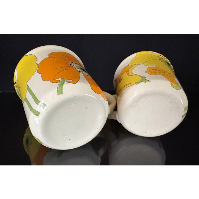 Pair of Mid-Century Modern Yellow and Orange Flower Glazed Pottery Mugs Vintage 1970s For Sale - Image 4 of 4