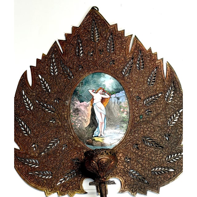 Pair Orientalist Bronze Palmette Candle Sconces Limoges Enamel Bather Plaques For Sale - Image 11 of 15