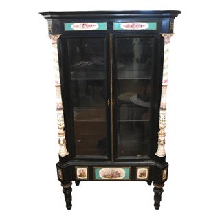Victorian Ebonized Display Cabinet Painted Porcelain, 1840 For Sale