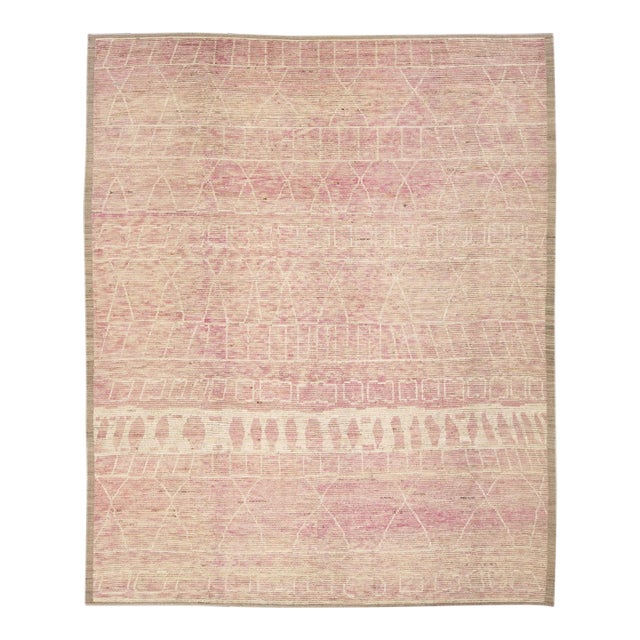 Modern Moroccan Style Handmade Tribal Beige and Pink Oversize Boho Wool Rug For Sale