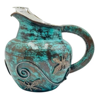1980s Emilia Castillo Silver Plated Water Pitcher With Butterflies & Verdigris Patina For Sale