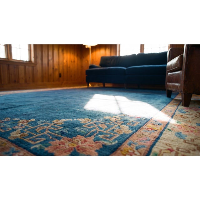 1920s Blue Open Floral Antique Chinese Art Deco Rug 6'9" X 10'8" Wool Knotted Carpet For Sale - Image 15 of 15