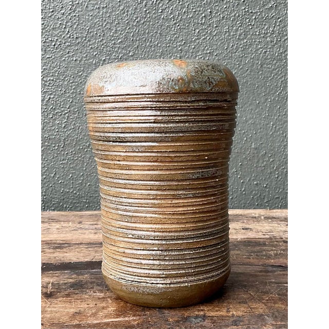 Vintage Original Studio Pottery Ribbed Vase For Sale In West Palm - Image 6 of 12