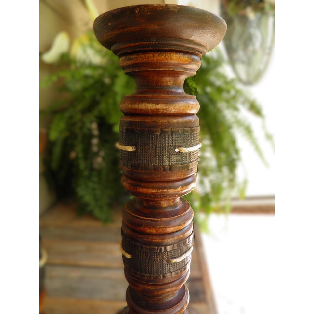 Rustic European VTG Wooden Pillar Candle Holders Dark Brown Turned Wood Spindle Set of 2 For Sale - Image 3 of 7