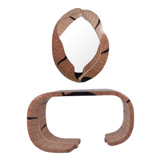 Tessellated Scroll Stone Banana Leaf Console Table and Mirror For Sale