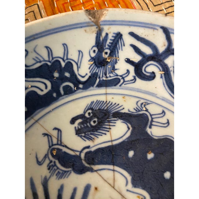 Ceramic Antique Chinese Blue & White Dragon Porcelain Plate, With Staples For Sale - Image 7 of 13