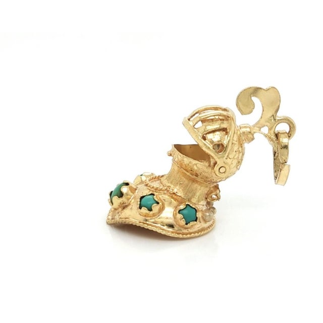 Turquoise Mid 20th Century 18k Yellow Gold Turquoise Medieval Knights Helmet Charm Pendant For Sale - Image 8 of 9