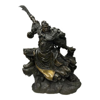Chinese Metal Bronze General Quan Yu Holding Long Knife Statue For Sale