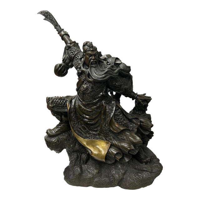 Chinese Metal Bronze General Quan Yu Holding Long Knife Statue For Sale