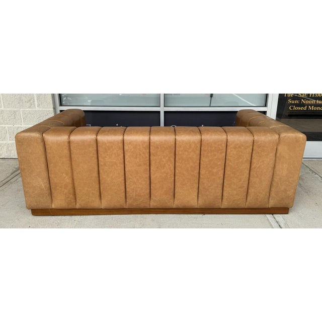 Cb2 Forte 81-Inch Channeled Saddle Leather Sofa With Walnut Base For Sale - Image 10 of 16