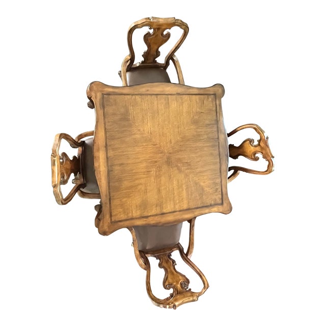 Cabriole Leg Wood Game Table With 4 Rolling Chairs Queen Anne Style - Set of 5 For Sale