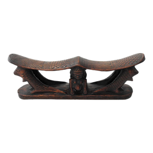 Mid 20th Century Chokwe Congo Carved Wood Double Headrest Women Crocodiles