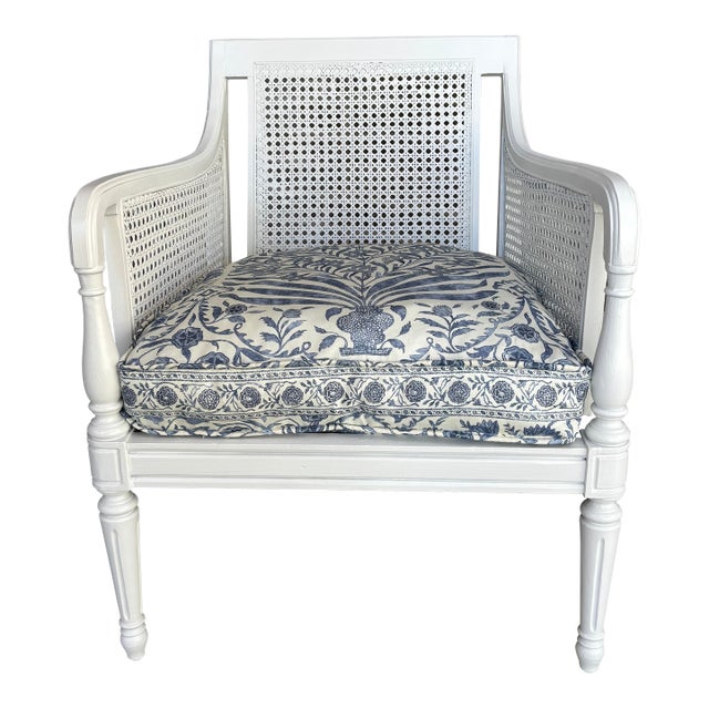 Vintage Hibriten Bernhardt Caned Armchair With Lee Jofa Oscar De La Renta Sameera Fabric For Sale