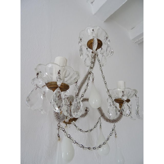 1900 French White Opaline Murano Drops Micro Beaded Crystal Sconces 3 Lights For Sale - Image 9 of 12