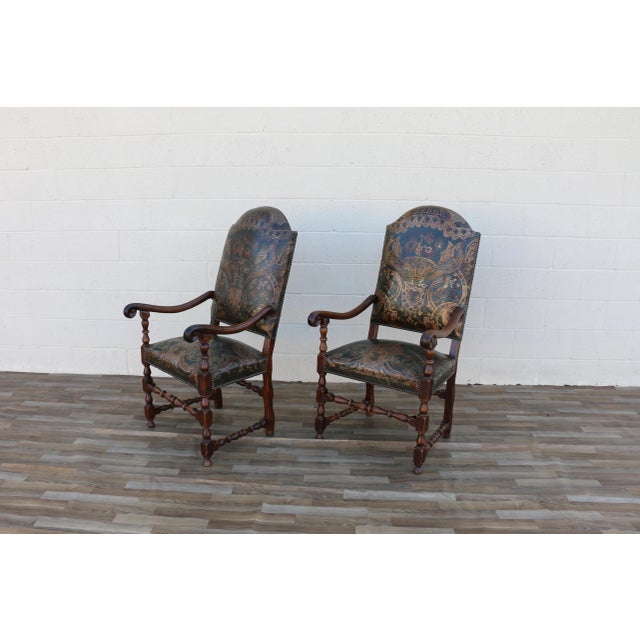 Green Pair of Early 18th Century Carved Wood Armchairs With Embossed Leather Upholstery For Sale - Image 8 of 18
