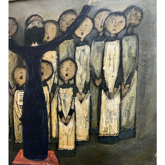 Great painting of a children’s choir. The children are dressed in their white robes, and the conductor is dressed in black...