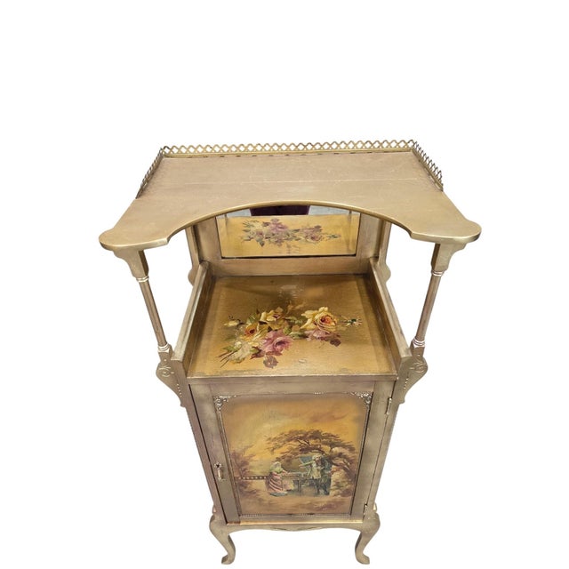 Antique Victorian Hand-Painted Music Cabinet With Brass Gallery and Mirror For Sale - Image 4 of 12