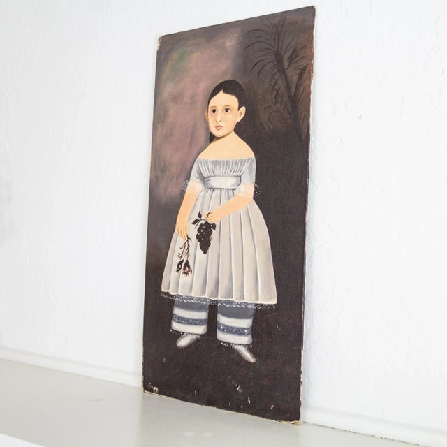 American Primitive School Reproduction Oil Painting | Portrait of a Girl For Sale - Image 6 of 9