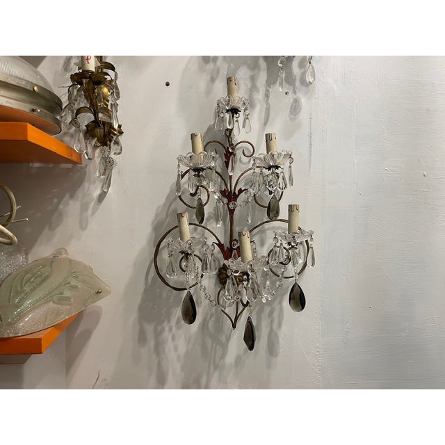 Large Florentine Tole Crystal Sconces, 1950s, Set of 2 For Sale - Image 6 of 17