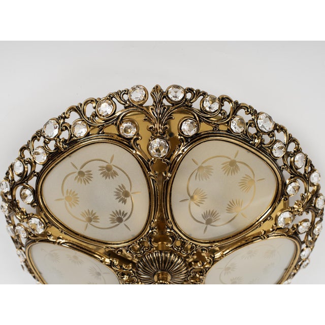 1970s Spanish Neo-Baroque Gilt Cast Brass and Crystal Flush Mount Ceiling Light For Sale - Image 6 of 10