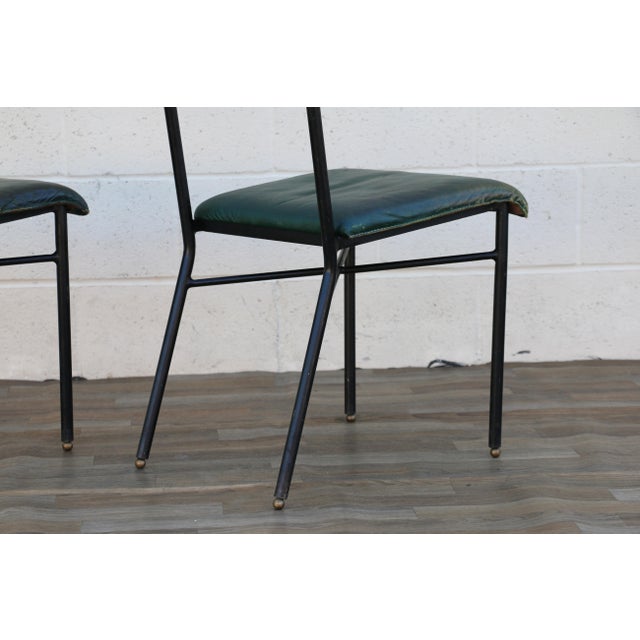 Pair of Jacques Adnet Distressed Green Leather & Black Metal Dining Chairs, France 1950s For Sale - Image 16 of 18