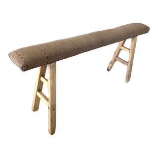 Antique Rustic Long Elm Bench W/ Upholstered Seat For Sale