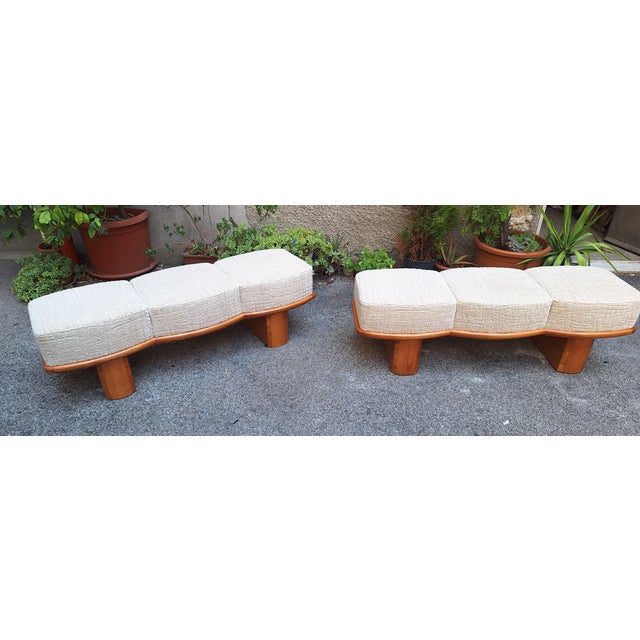 Mid-Century Modern Three-Seater Benches in Sinuous Light Wood and Dedar Fabric, 2000s, Set of 2 For Sale - Image 3 of 9