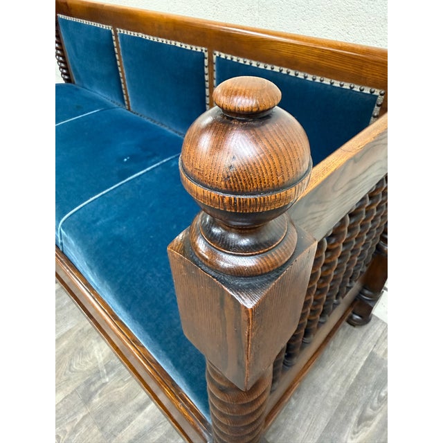 Antique Jacobean Revival Blue Velvet Upholstered Oak Hall Settee Daybed Bench For Sale - Image 11 of 18