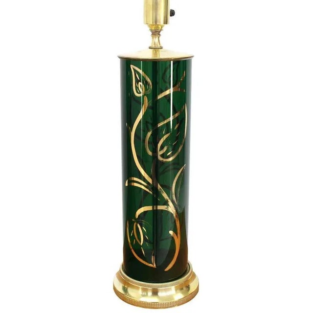 Metal Early 20th Century Vintage Emerald Green Gold Decorated Cylinder Shape Table Lamps- a Pair For Sale - Image 7 of 9
