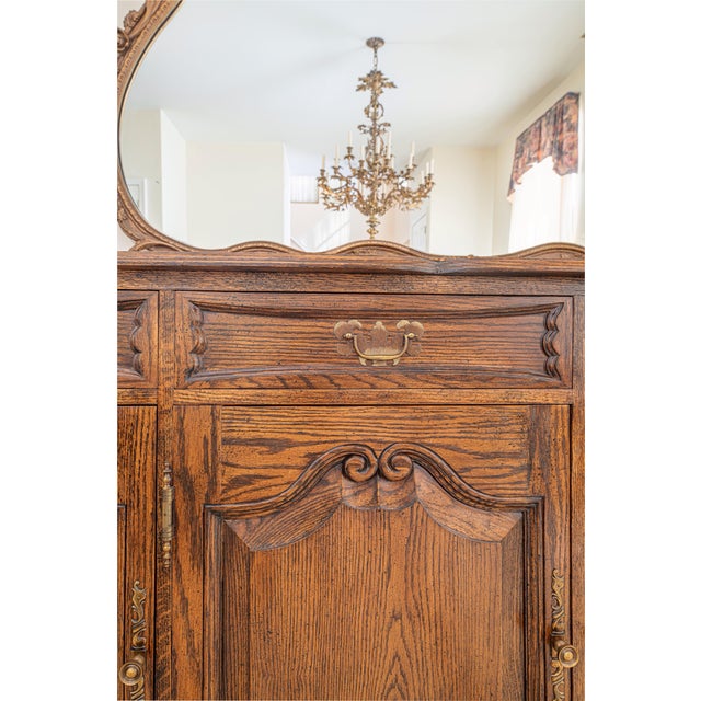 1970s Custom French Provincial Style Oak Buffet / Sideboard – Baker Style, Carved Details, 83” For Sale - Image 5 of 6
