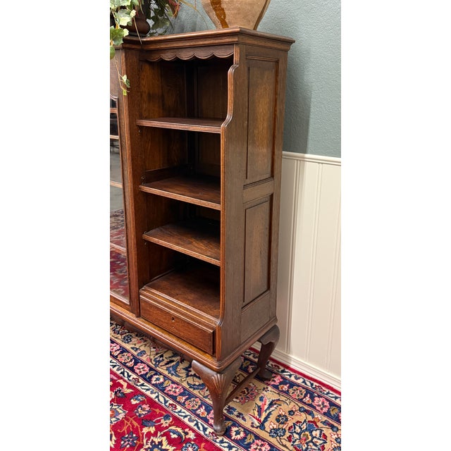 Antique English Bookcase Bookshelf Cabinet Glass Oak Queen Anne Legs 1920s-30s For Sale - Image 12 of 18
