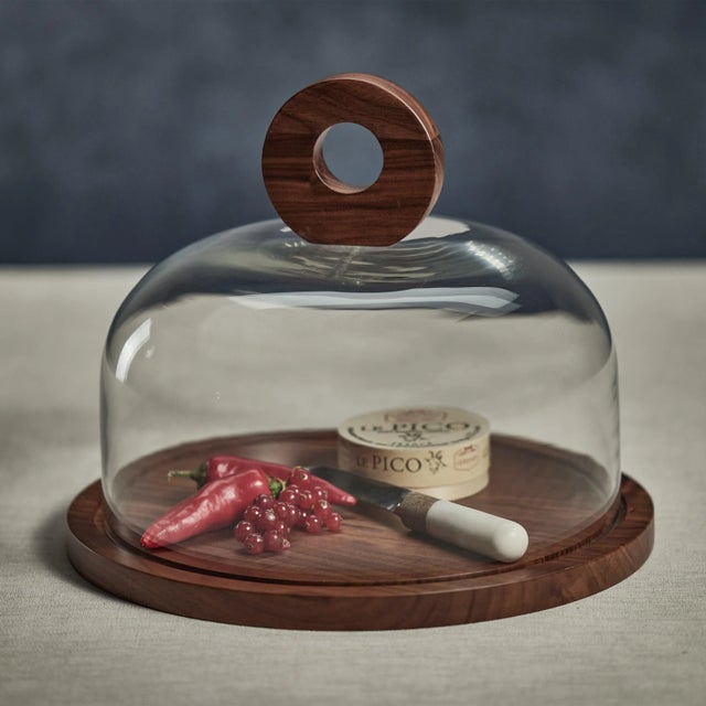 Contemporary Brea Walnut Wood Cheese Board with Glass Cloche For Sale - Image 3 of 4