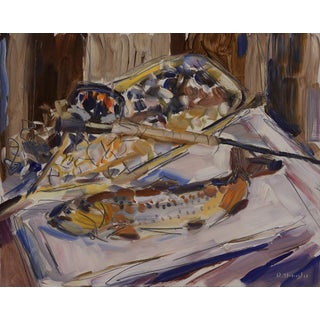 Fishing Reel by David Shingler | Oil Painting of a fishing reel and fish on a table For Sale