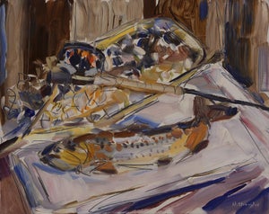 Fishing Reel by David Shingler | Oil Painting of a fishing reel and fish on a table