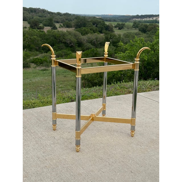 Metal Mid-Century Hollywood Regency Maison Jansen Style Polished Chrome & Brass Glass Top End Table For Sale - Image 7 of 10