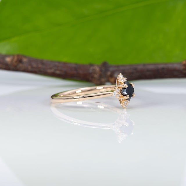 Metal Black Diamond Ring With Earth-Mined Diamond Accents: Solid 14k Gold, 3.6mm, Size 6.75 For Sale - Image 7 of 9