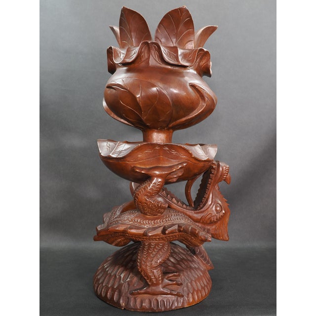 Asian Large Vintage Hand Carved Solid Wood Dragon and Lotus Sculpture For Sale - Image 3 of 11