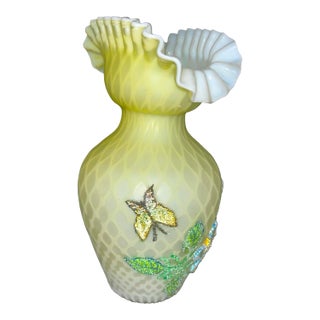Antique Satin Glass Ruffled Vase Beaded Floral Signed Webb For Sale