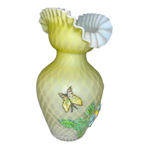 Antique Satin Glass Ruffled Vase Beaded Floral Signed Webb
