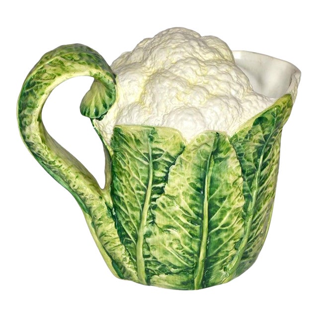 1970s Majolica Green White Cauliflower Ceramic Pitcher Italy Mark Lord & Taylor For Sale