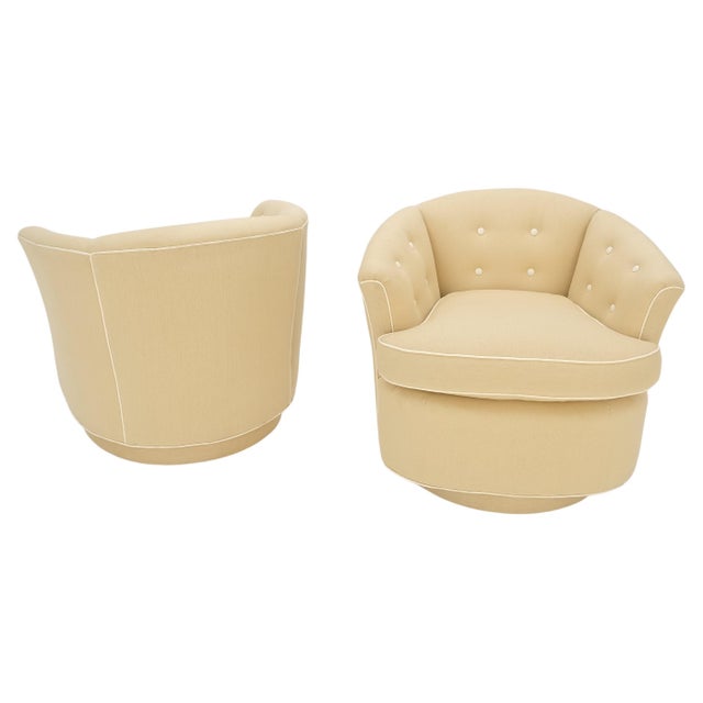 New Linen Upholstery Round Swivel Tub Barrel Back Chairs Baughman - A Pair For Sale - Image 6 of 12