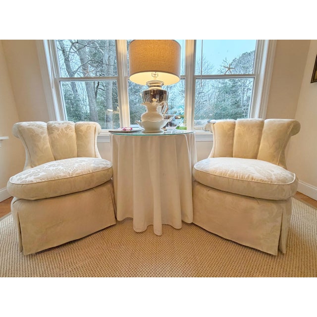 Custom Scallop Backed, Skirted Slipper Chairs in Cloud Dancer Damask, a Pair For Sale In New York - Image 6 of 18