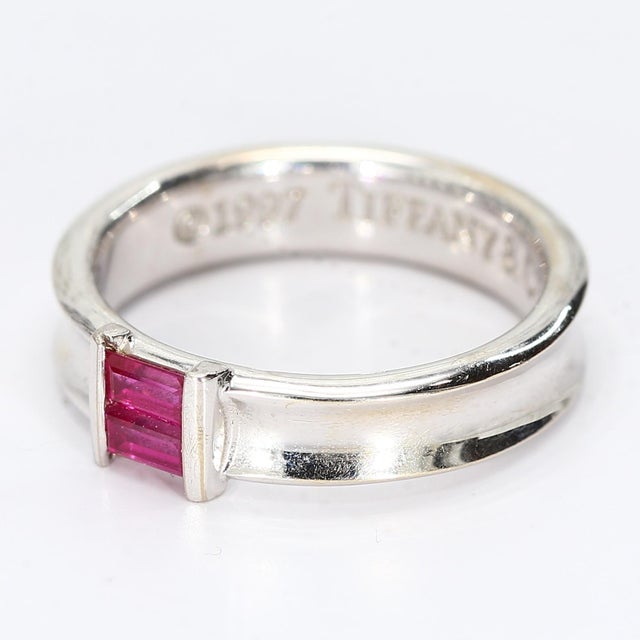Tiffany and Co. 18k White Gold Tiffany & Co. Band With Two Channel Set Ruby Baguettes, Size 5.75 For Sale - Image 4 of 7