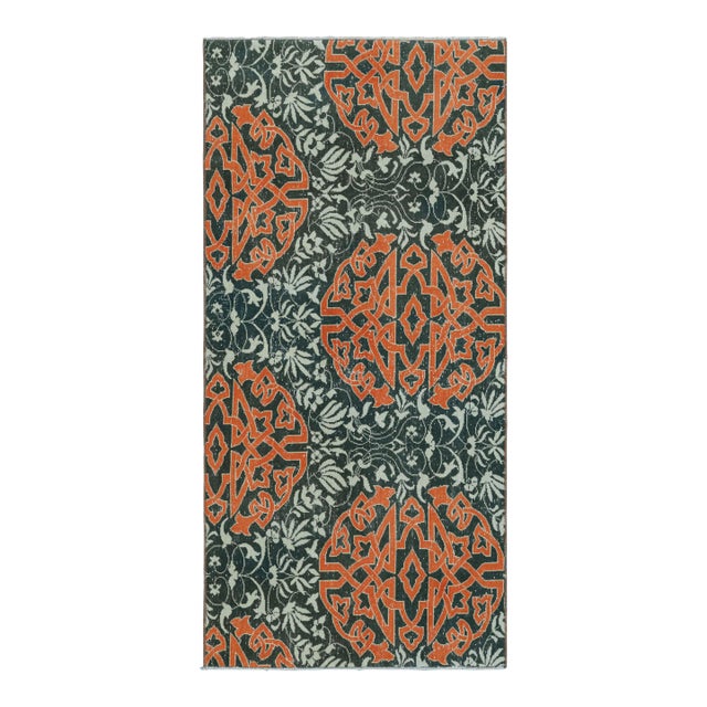 Vintage Hereke Runner Rug in Teal With Orange Arabesque Medallions | Rug & Kilim For Sale