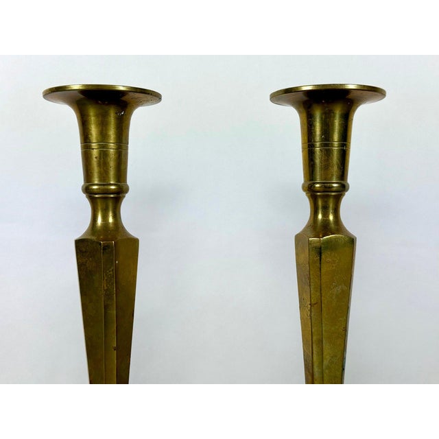Mid-Century Modern Mid-Century Modern Tall Faceted Brass Candlesticks - A Pair For Sale - Image 3 of 12