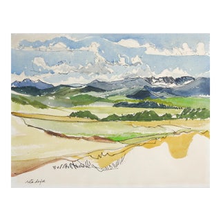 Vintage Mid 20th Century Mountain Valley Watercolor Landscape Painting For Sale